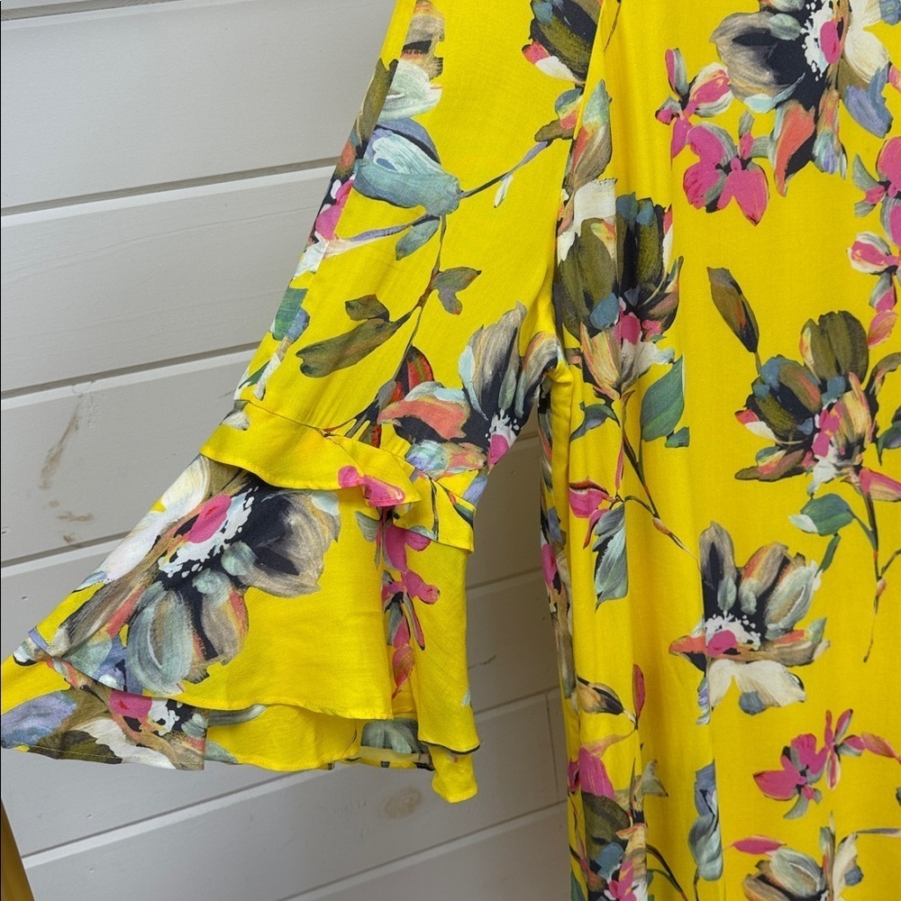 Gianni Bini Dandy Yellow Floral Dress Ruffle Flare Sleeves Women's Large - Picture 3 of 10